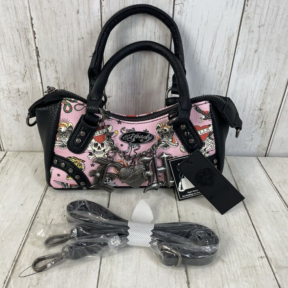 Ed Hardy Pink/Black Skull Tattoo Satchel Purse Studded Embroidered Zip Charm NWT